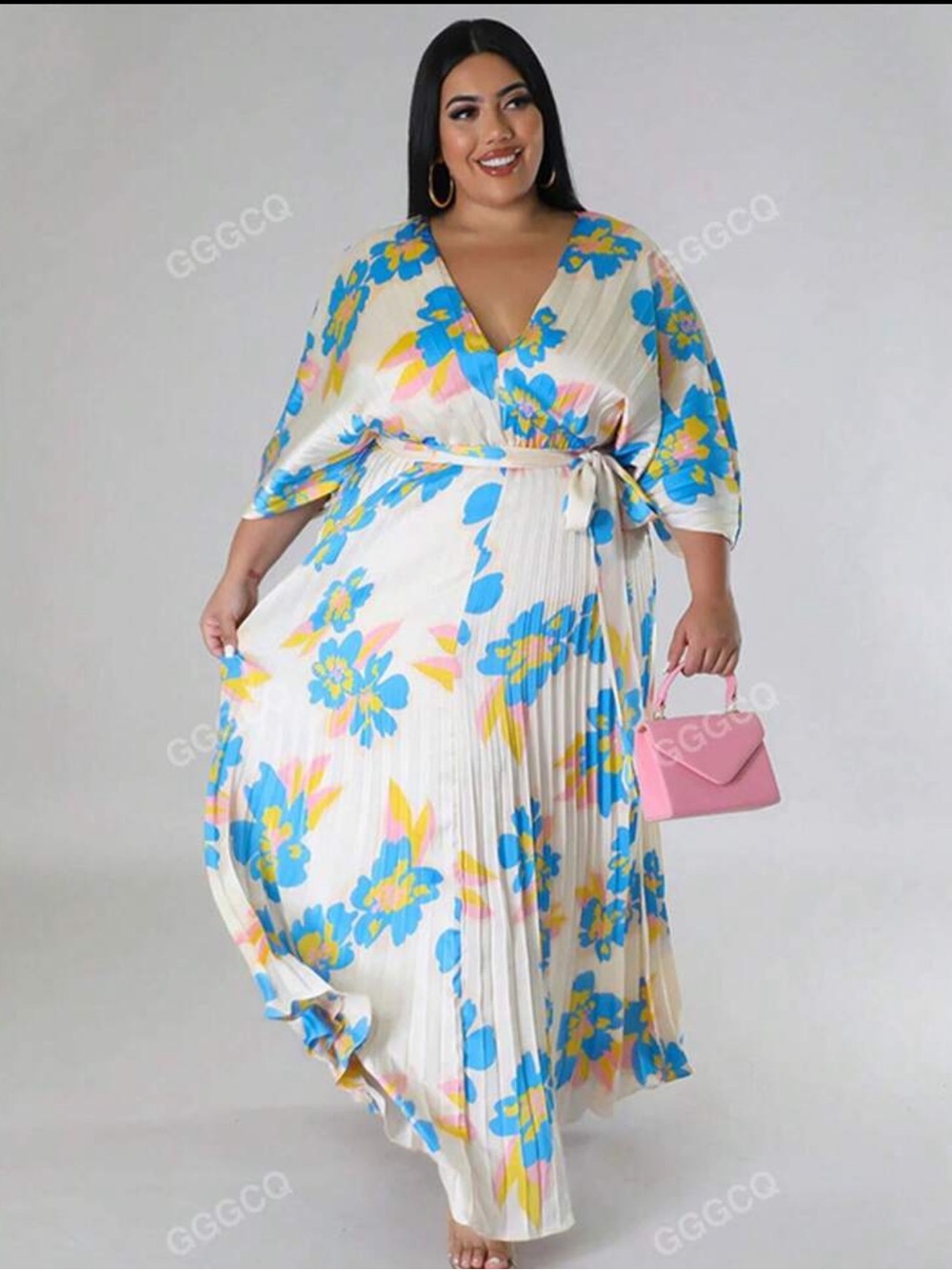 White Floral Pleated Maxi Dress - 1X